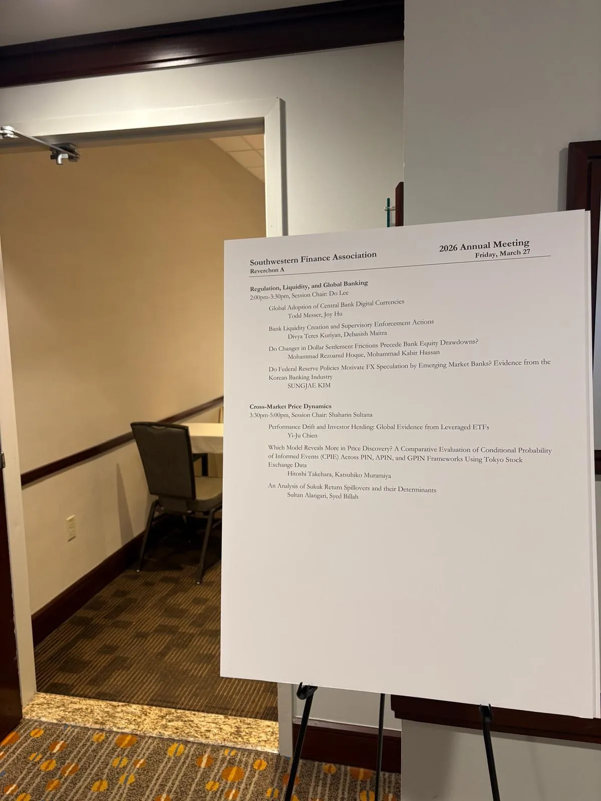 The SWFA 2026 session program on an easel